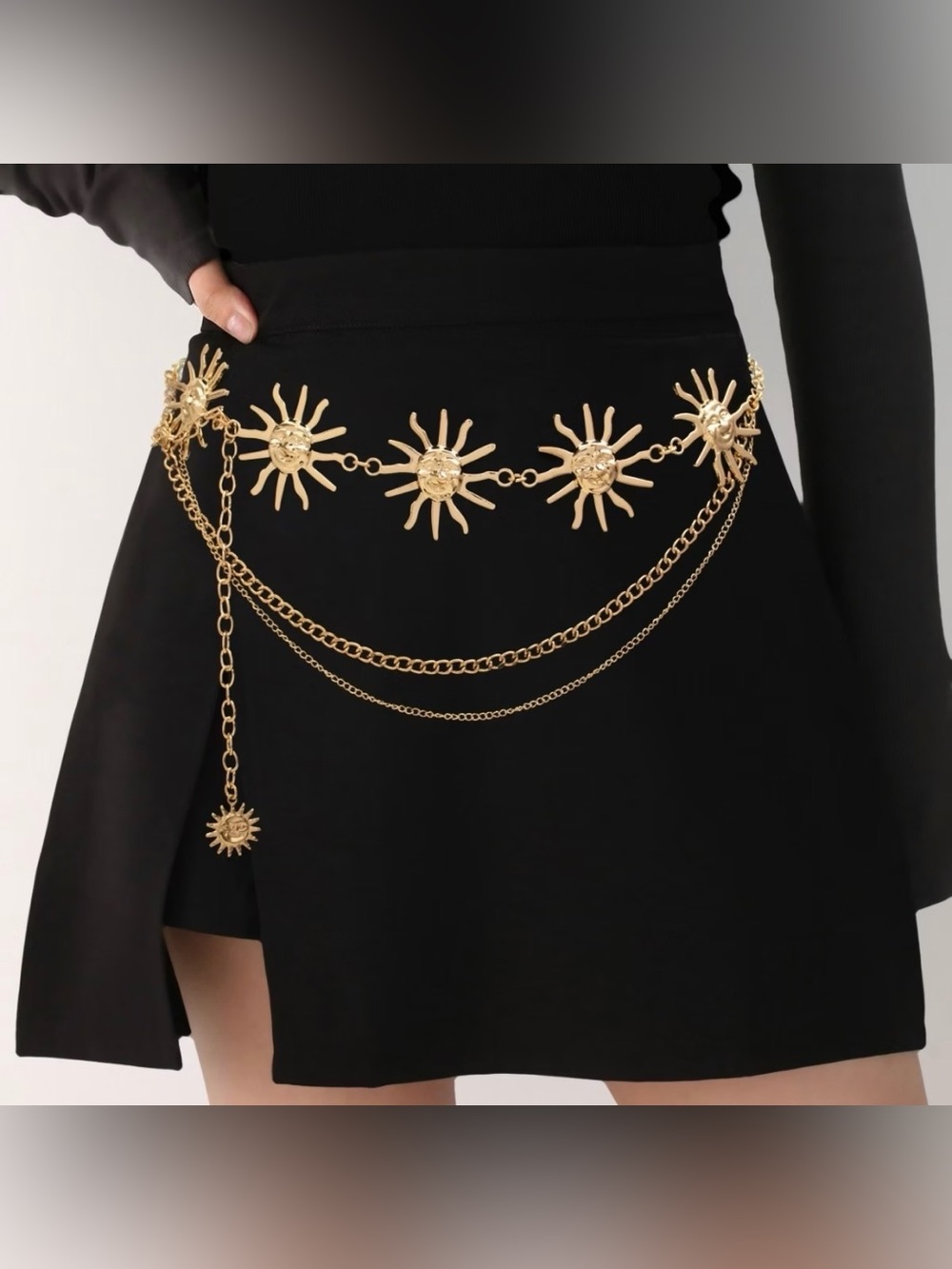 Celestial Sun Chain Waist Belt in Gold - Layered Sunburst Links